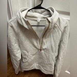 Cropped quarter zip with hood. Grey with gold zipper